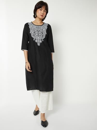 Max Women Chikankari Yoke Embroidered Straight Kurta (Black_L)