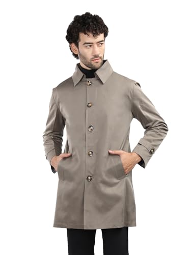 CHKOKKO Polycotton Winter Wear Single Breasted Notch Lapel Tweed Pea Trench Long Standard Length Coat For Men Metalic Grey Xxl