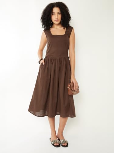 Max Women Solid A-line Dress(Brown_XS)