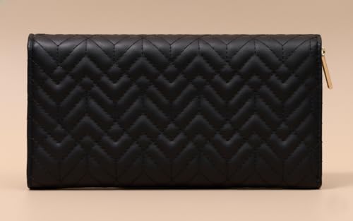 WildHorn Women’s Vegan Leather Wallet | Multiple Card Slots with ID Window | Zip Coin Pocket | Elegant Quilted Design | Spacious & Stylish Ladies Purse (Black)