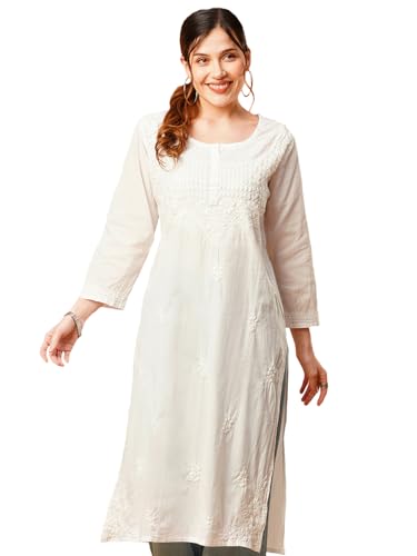 Ada Indian Hand Embroidered Chikankari Cotton Kurti Kurta Tunic for Women 5XL100376 White