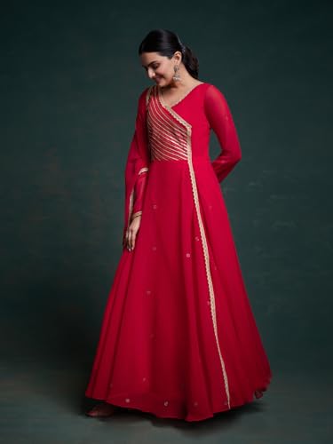 FUSIONIC Red Gota Patti Embellished Gown with Dupatta