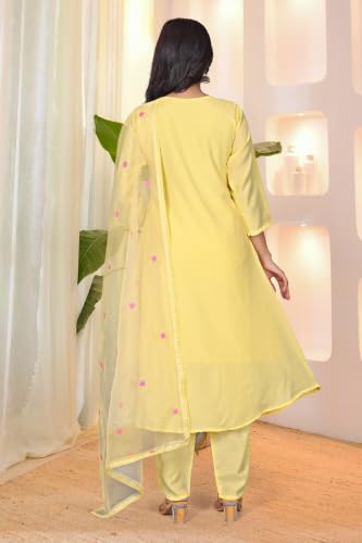 VARNI FABRICS: A lady's First Love Yellow Silk Blend Embroidered Flared Kurta Set For Women With Dupatta And Pant