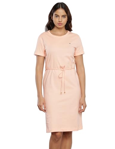 Tommy Hilfiger Women's Cotton T-Shirt Above The Knee Casual Dress (F23HWDR013_Peach