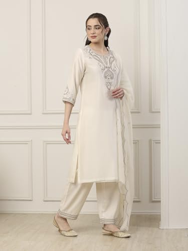 BIBA Women White Silk Chanderi Straight Suit Set_42