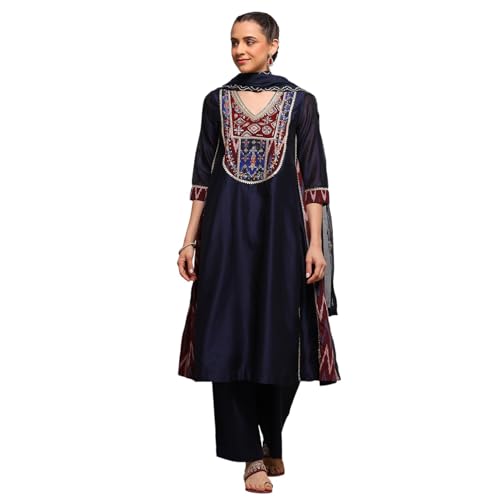 Biba Women Blue Cotton Blend A-Line Printed Suit Set_32