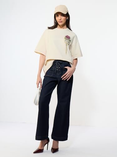 The Souled Store Serendipity Women and Girls Short Sleeves Round Neck Cream Embroidered Cotton Oversized Premium Fabric Breathable Oversized T-Shirt