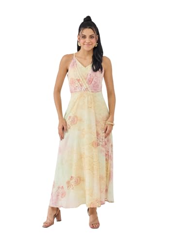 Latin Quarters Women's Yellow Printed Strappy V-Neck Casual A-Line Dress_L