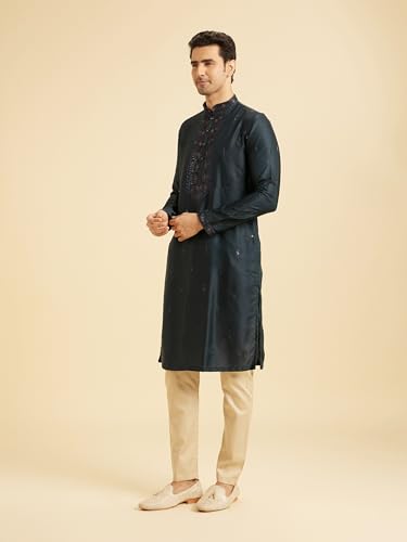 Manyavar Men's Art Silk Neckline Embroidered Festive Kurta Pajama Set (Teal Blue,L)