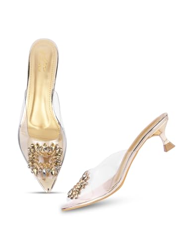 JM LOOKS Women's Kitten Heel Sandal Transparent Upper Embellished Rhinestone Pointed Peep Toe Sandal - Gold