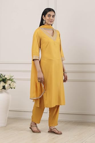 Biba Women Yellow Viscose Rayon Straight Suit Set_42