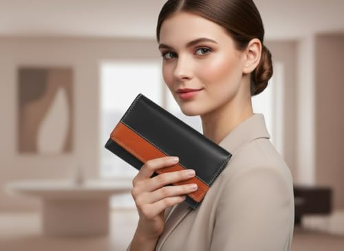 Calfnero Women's Genuine Leather Wallet-Long Purse Wallet with Multiple Card Slots, Zip Pocket and Note Compartment (Black)