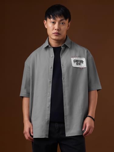 The Souled Store Attack On Titan: Captain Levi Men and Boys Short Sleeve Spread Collar Grey Embellished Trendy Lightweight Drop Shoulder Casual Cotton Oversized Shirt