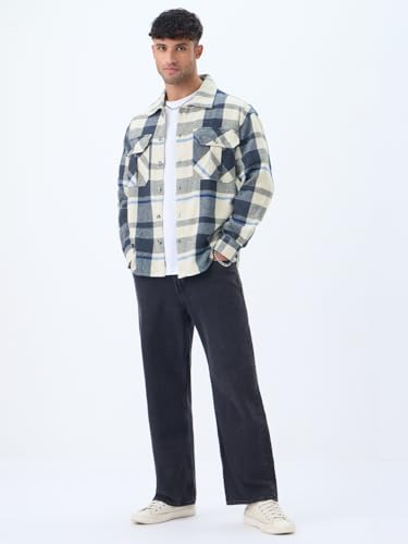 The Souled Store Plaid: Cream, Blue, Grey Men and Boys Full Sleeves Spread Collar Cotton Twill Warm Durable Heavy Winter Oversized Shackets