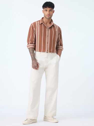 The Souled Store Cotton Linen Stripes: Redwood Men and Boys Long Sleeve Spread Collar Brown Striped Casual Daily Office Wear Lightweight Regular Fit Cotton Linen Shirt