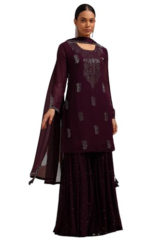 Soch Womens Wine Georgette Suit Set With Mukaish Work