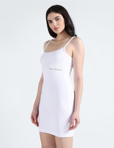 Calvin Klein Women's Cotton A-Line Above The Knee Dress (J221404YAF_White_S)