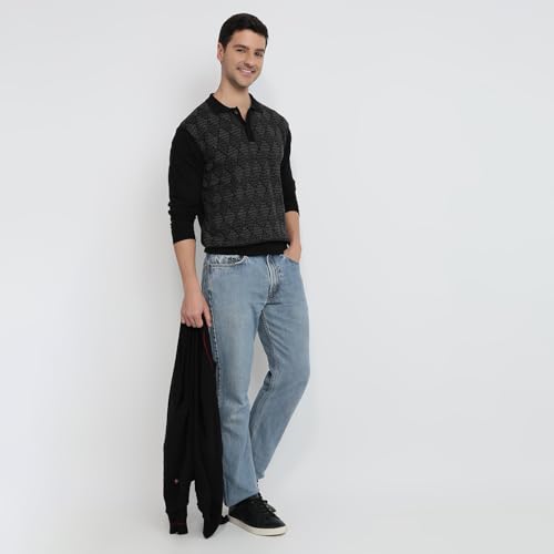 Raymond Men Contemporary Fit Argyle Pattern Merino Wool Acrylic Blend Polo Neck Full Sleeve Casual Sweater Black