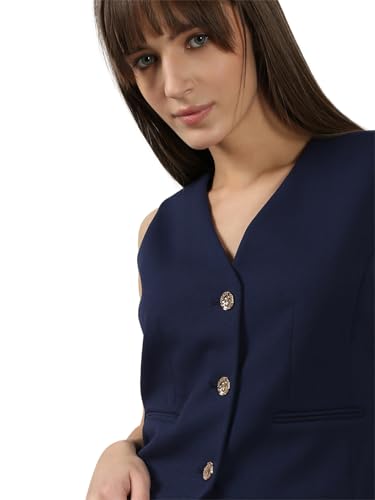 VERO MODA Women's Regular Fit Navy Blue Waistcoat