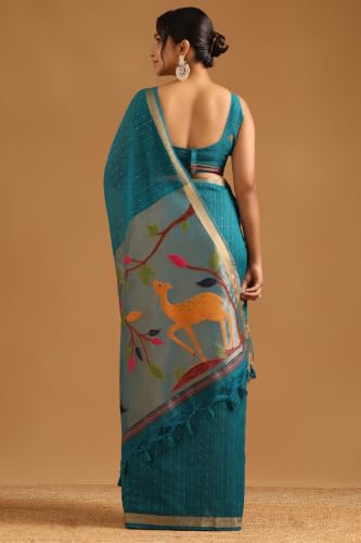Soch Womens Turquoise Blue Tissue Botanical Zari Woven Saree