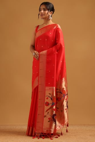 Soch Womens Red Tussar Woven Design Zari Woven Bird Motifs Saree