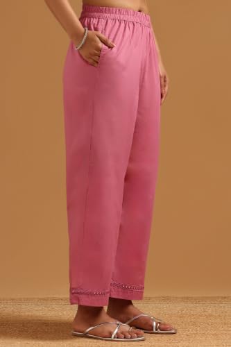Soch Womens Onion Pink Cotton Floral Embroidered Kurta Set With Mirror Work