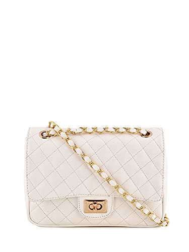 Sakwoods Women PU Quilted White Sling And Handbag
