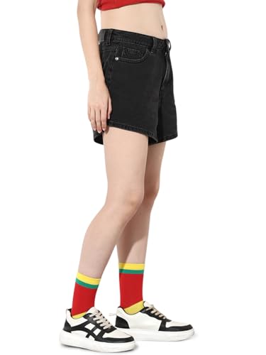ONLY Women's Solid Loose Fit Mid-Rise Black Shorts