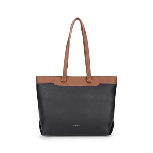 Fastrack Twilight Tan Laptop Tote Bag | Black on Tan Faux Leather Work Tote with 14 Inch Laptop Sleeve | Zip Closure with Organizer Pocket & Dual Handles