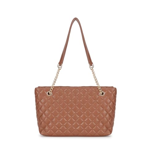 Fastrack QuiltPlay Tan Shoulder Bag | Quilted Faux-Leather Women’s Handbag Bag with Metal Accent Strap & Zipper Closure