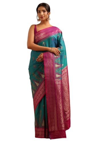 Soch Womens Teal Silk Blend Ikat Weave Zari Woven Saree