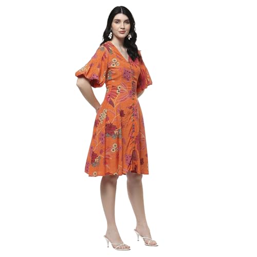 Biba Women's Viscose Flared Mini Dress (SPIOT2949SS25ORG_Orange