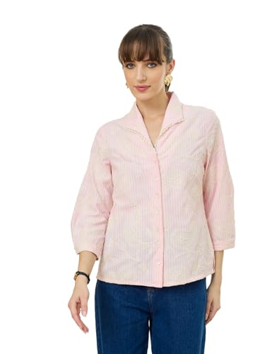 Latin Quarters Women's Pink 3/4th Sleeves Lapel Collar Casual Embroidery Shirt_M