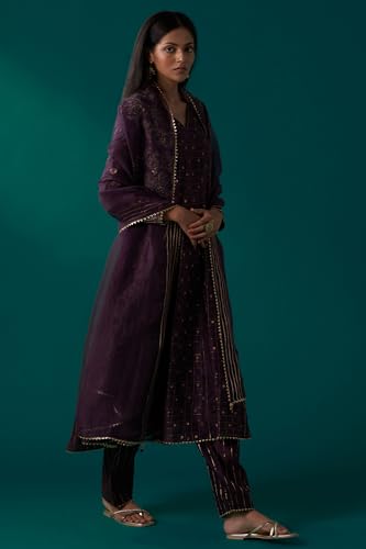Wishful Women's Purple Embellished Dotted Jacquard Flared Kurta with Pants and Dupatta Set (SP12859-314546-M)