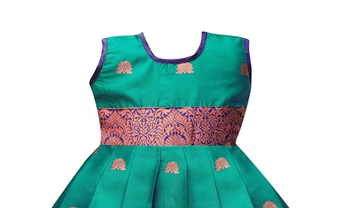 Suzvan Baby Girls South Indian Traditional Pattu Pavadai Jacquard Silk Lehenga Choli (Rama, 12 Months-24 Months)