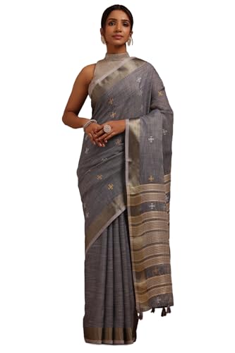 Soch Womens Blue Linen Woven Design Saree