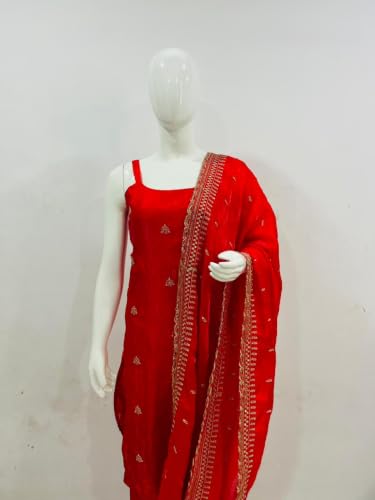 CLOTHRED HVJ Women's Red Satin Embroidered Kurta Set with Dupatta and Palazzo Pants | Festive Ethnic Suit for Women (IN, Alpha, XS, RED)
