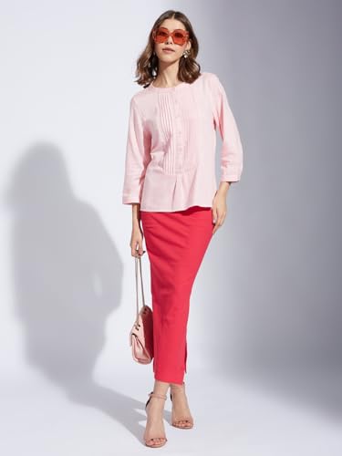 Latin Quarters Women Pink Round Neck 3/4th Sleeve Solid Tunic Blouse_XL