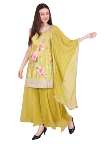 Women’s Yellow Chanderi Cotton Straight Kurta Set with Pant & Dupatta – Beautiful Embroidery, Elegant Design for Festive & Traditional Occasions (in, Alpha, M, Regular)