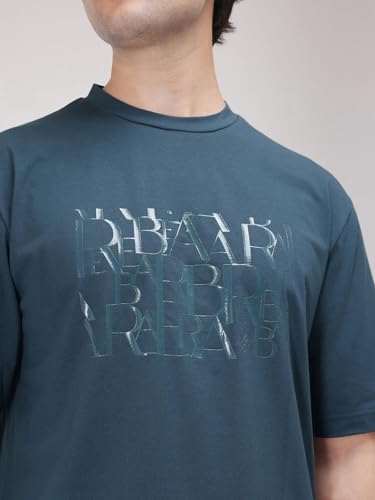 RARE RABBIT Men's Ovem Dusky Teal Cotton Blend Graphic Print Qlo Fit Half Sleeve Crew Neck T-Shirt
