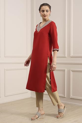 Biba Women Red Viscose Rayon Straight Solid Kurta_40