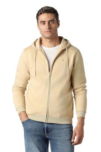 Men Beige Solid Hooded Neck Sweatshirt