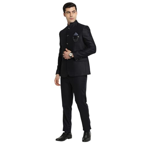 Turtle Men Poly Viscose Mandarin Collar Tailored Fit Navy Blue 2 Piece Party Suits