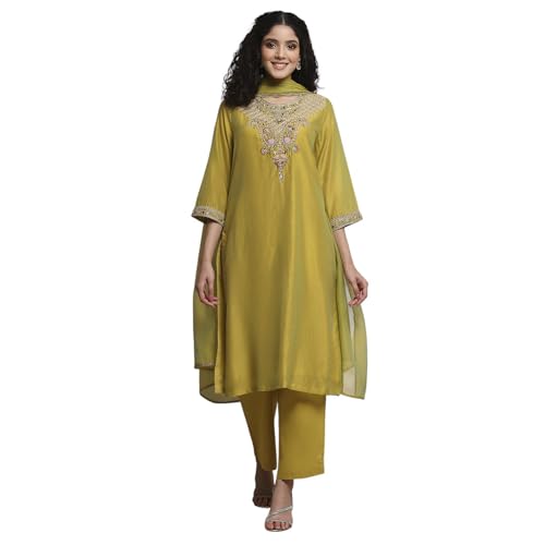Biba Women Lime Green Chanderi Straight Dyed Suit Set_42