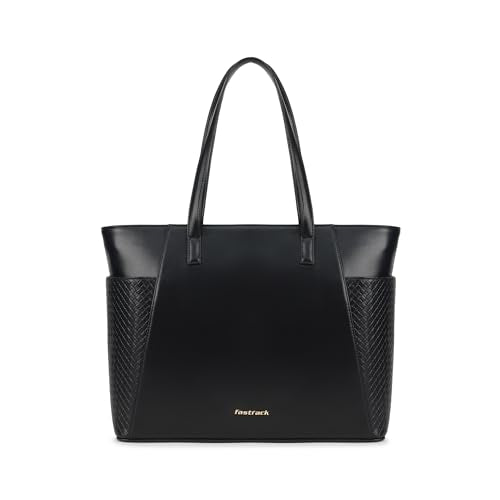 Fastrack Gridlock Tote | Woven Faux-Leather Women's Handbag | Laptop Tote with Textured Side Pockets & Gold Hardware