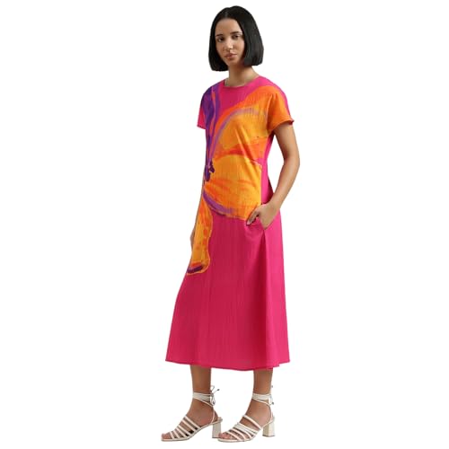 United Colors of Benetton Regular Fit Round Neck Floral Dress (Size : L) - 26P4WVNDR3X7I901 Pink