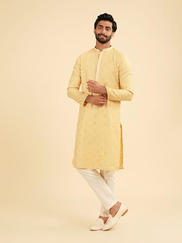 Manyavar Men's Cotton Blend Self Design Festive Kurta Set (Yellow,S)
