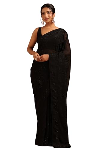 Soch Womens Black Georgette Botanical Saree With Stone Work