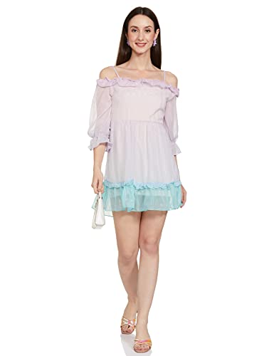 AND Women's Polyester A-Line Mini Dress (SS22AJ124DRR38A_Grn/Pnk_12)