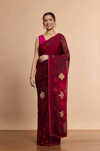 Taneira Women Dark Red Printed Embroidered Viscose Organza Saree with Unstitched Blouse Piece (SAIP14AC2558-Dark Red)